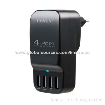 34W High-power Portable Mobile Phone Charger with 4 Independent USB Ports, Charge 2 iPhone, 2 iPad